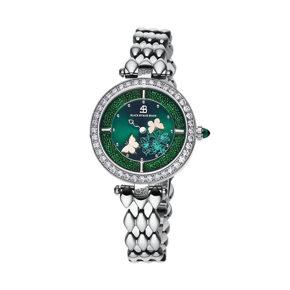 BLACK BY BLUE BRAVE | Butterfly Lovers 34mm Green Dial Moving Butterfly Hands Silver Bracelet Watch