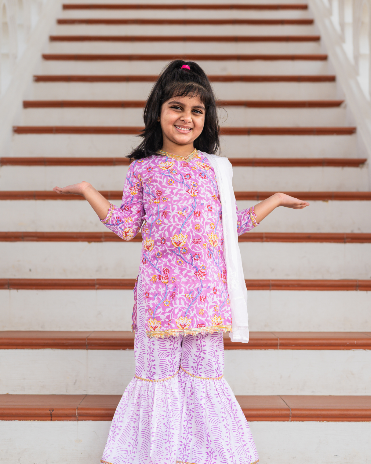 NIMBU | Devi Mauve Girls Handblock Print Kurti Sharara