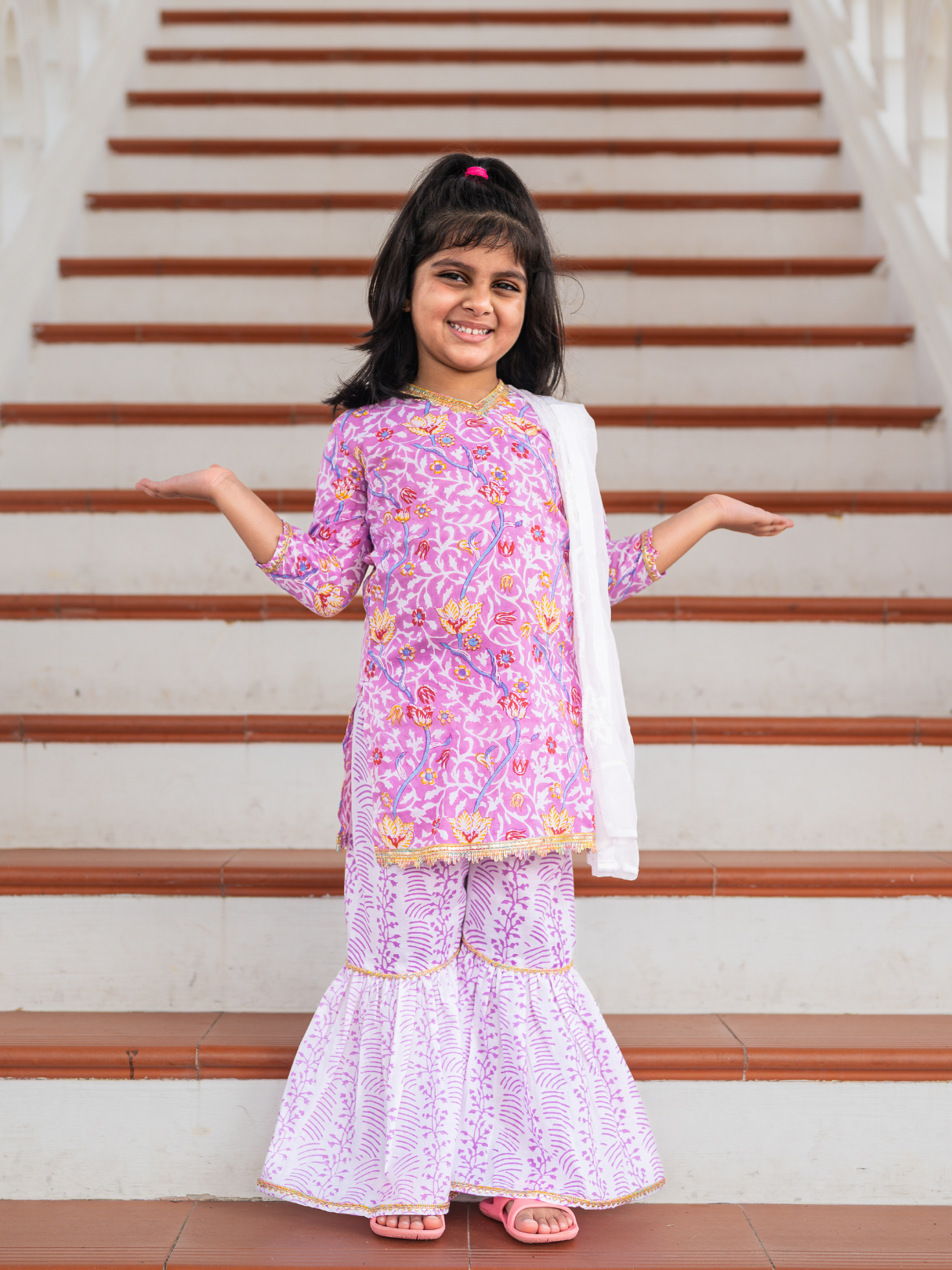NIMBU | Devi Mauve Girls Handblock Print Kurti Sharara