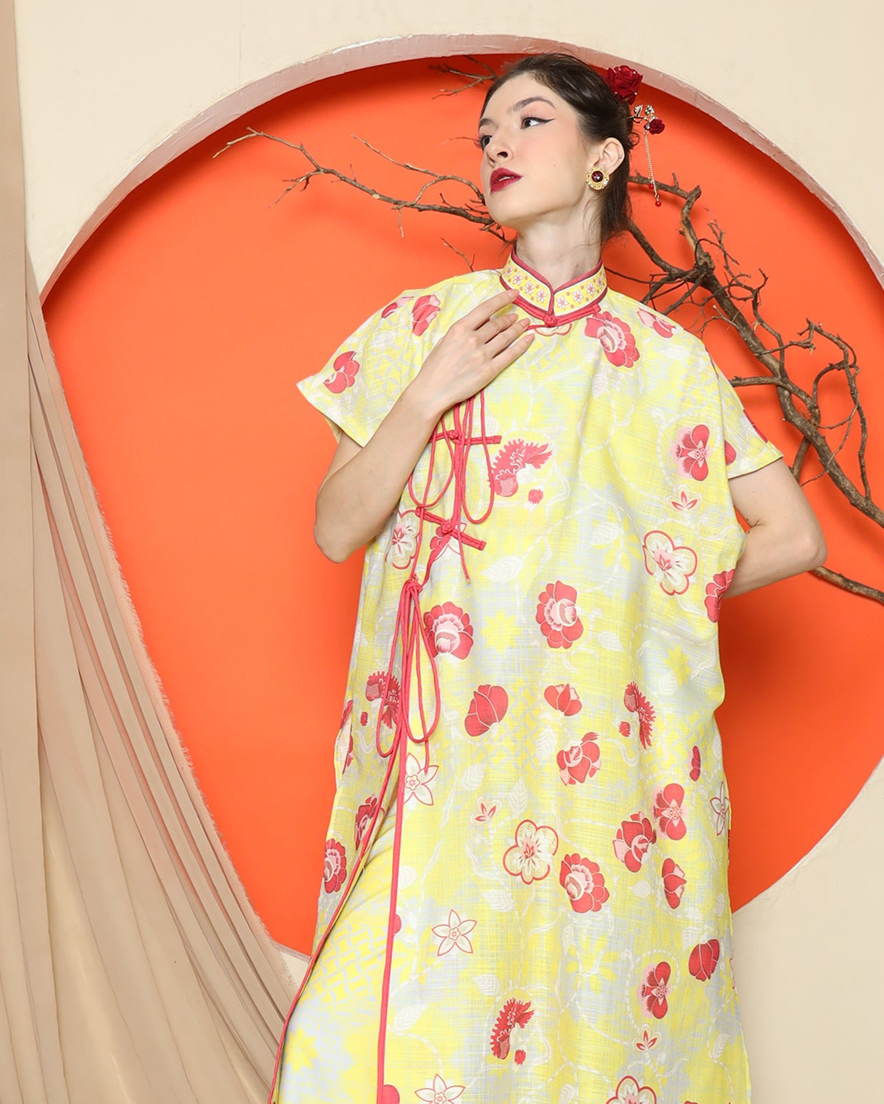 KANZI COLLECTION | Yellow Oriental Floral Cheongsam Pant Set