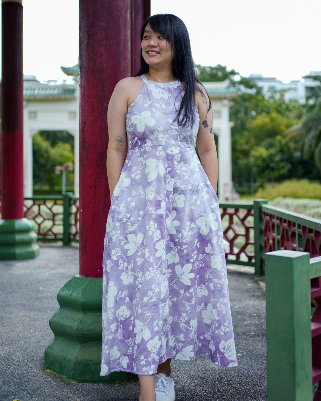 NIMBU | Eden Lavender Purple Women's Long Halter Dress in Muslin Cotton