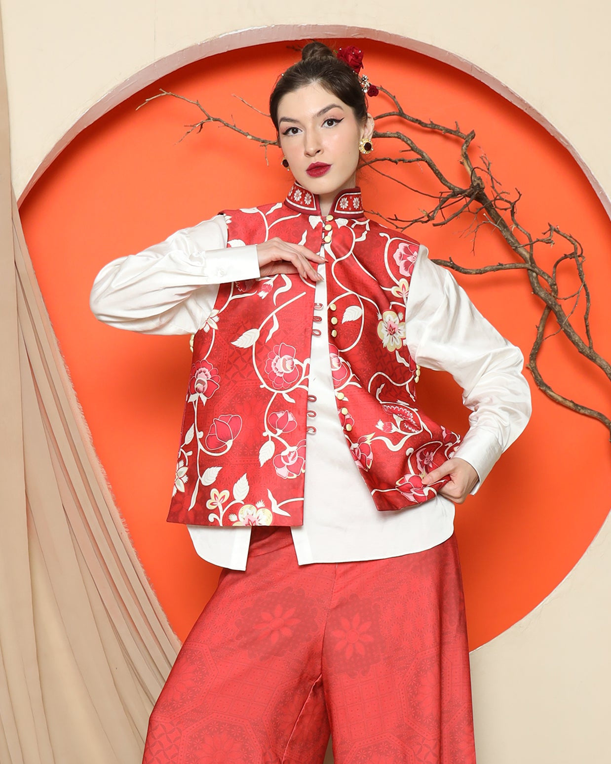 KANZI COLLECTION | Red Floral Side Button Vest With Pants Set