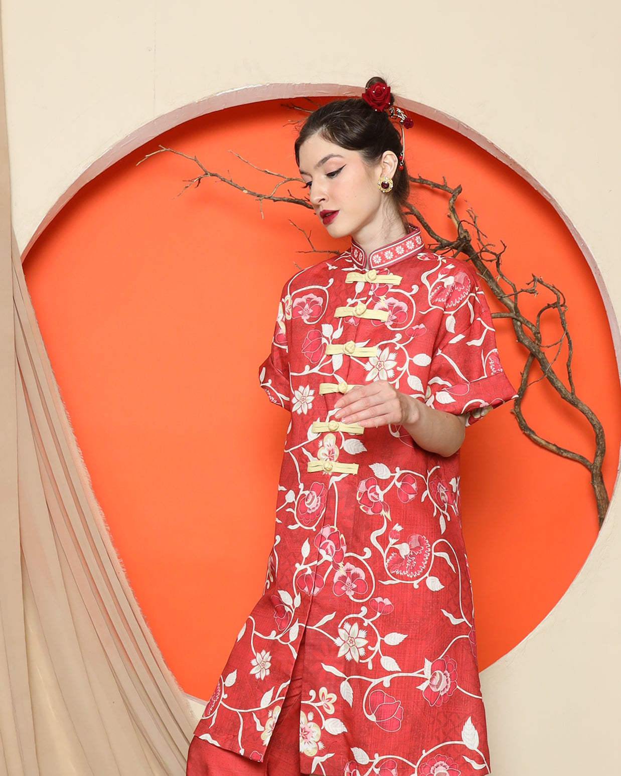 KANZI COLLECTION | Red Floral Cheongsam Pant Set