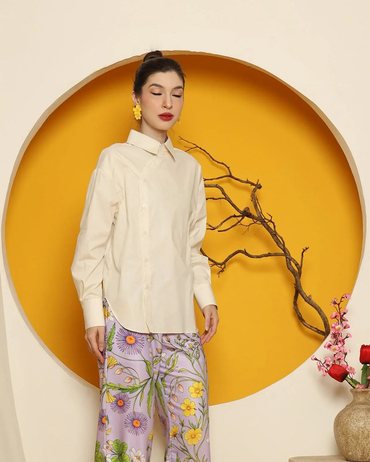 KANZI COLLECTION | Cheongsam Button Shirt With Purple Flower Pants Set