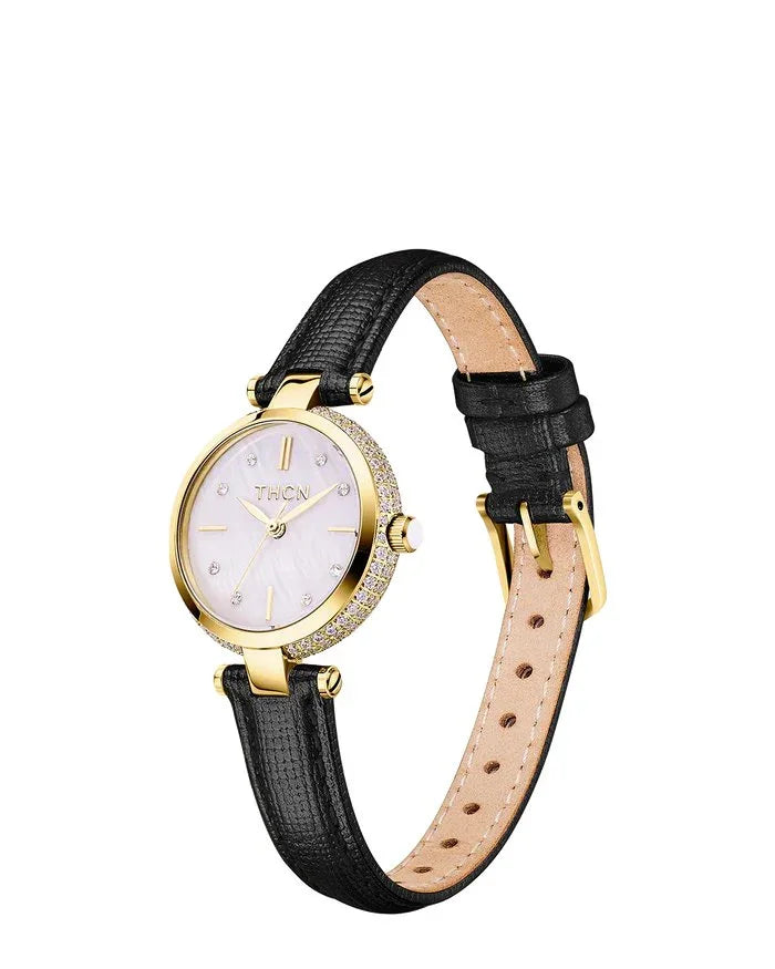 BLACK BY BLUE BRAVE | THCN T· I Mother-of-Pearl Dial Black Leather Strap Watch | Gold