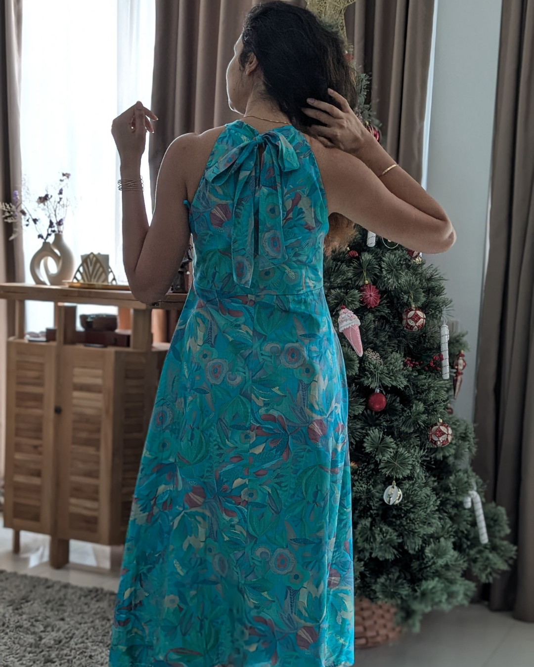 NIMBU | Eden Lagoon Women's Long Halter Dress in Turquoise in Muslin Cotton