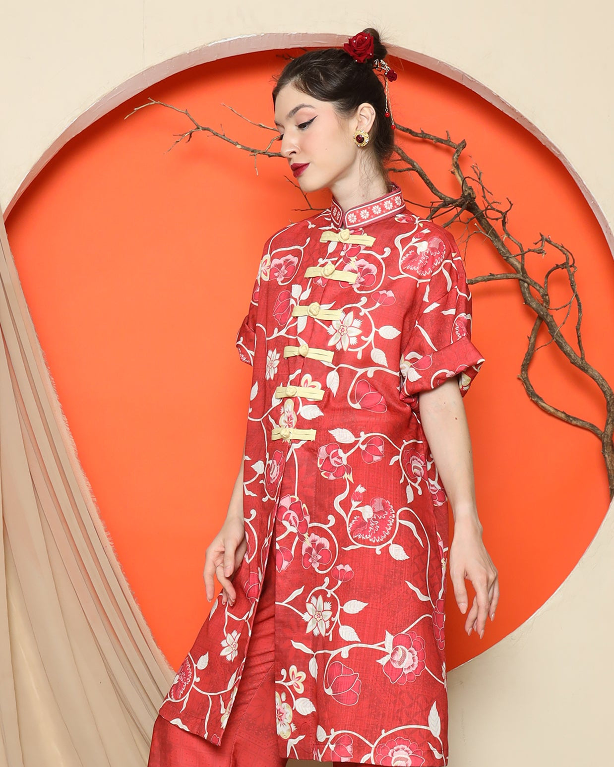 KANZI COLLECTION | Red Floral Cheongsam Pant Set