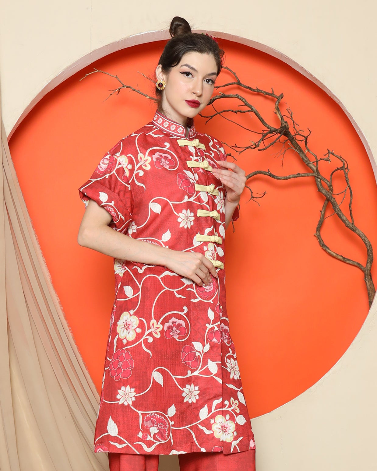 KANZI COLLECTION | Red Floral Cheongsam Pant Set