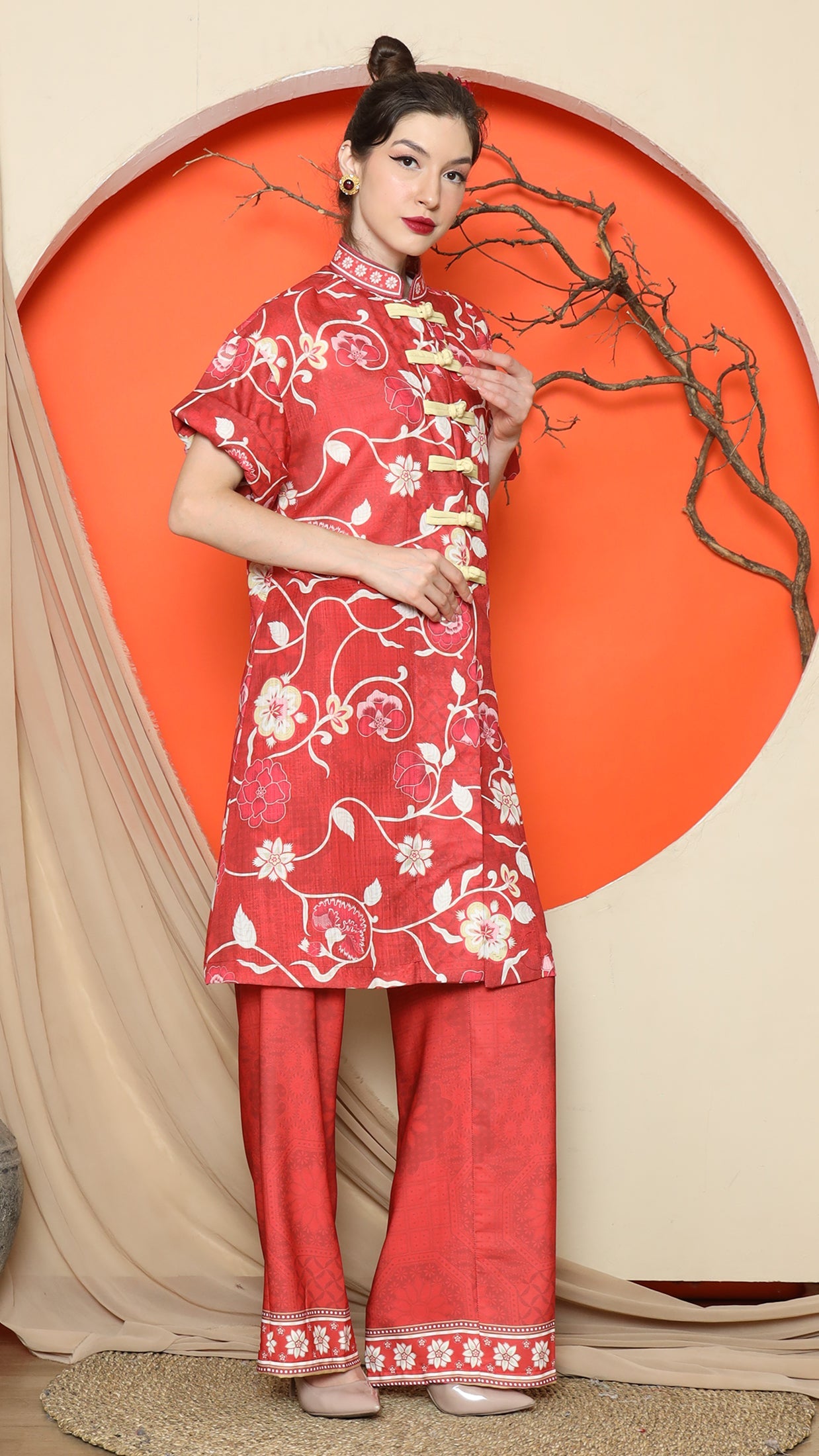 KANZI COLLECTION | Red Floral Cheongsam Pant Set