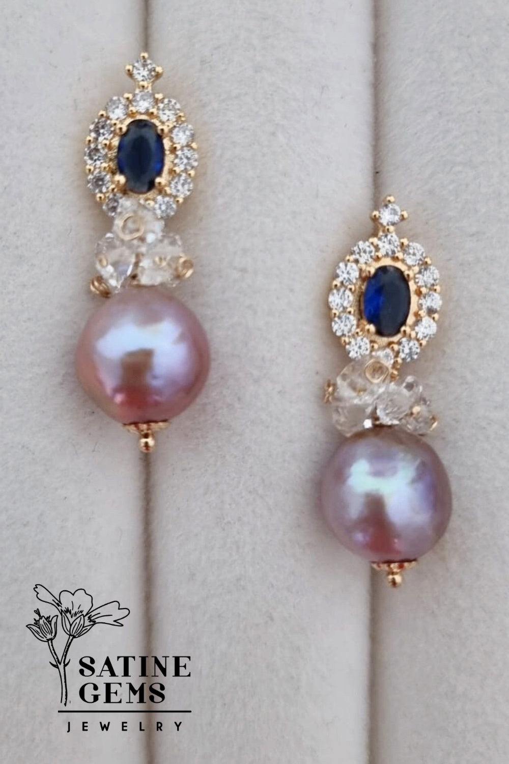CREATIVE JEWELLERY STUDIO | Lilac Baroque Edison Pearl & Herkimer Diamond Ear Studs by Satine Gems Jewelry
