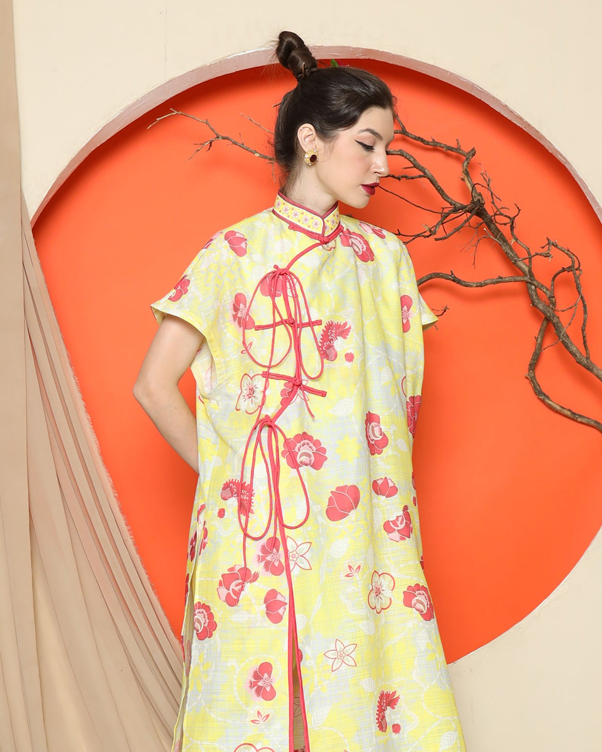 KANZI COLLECTION | Yellow Oriental Floral Cheongsam Pant Set