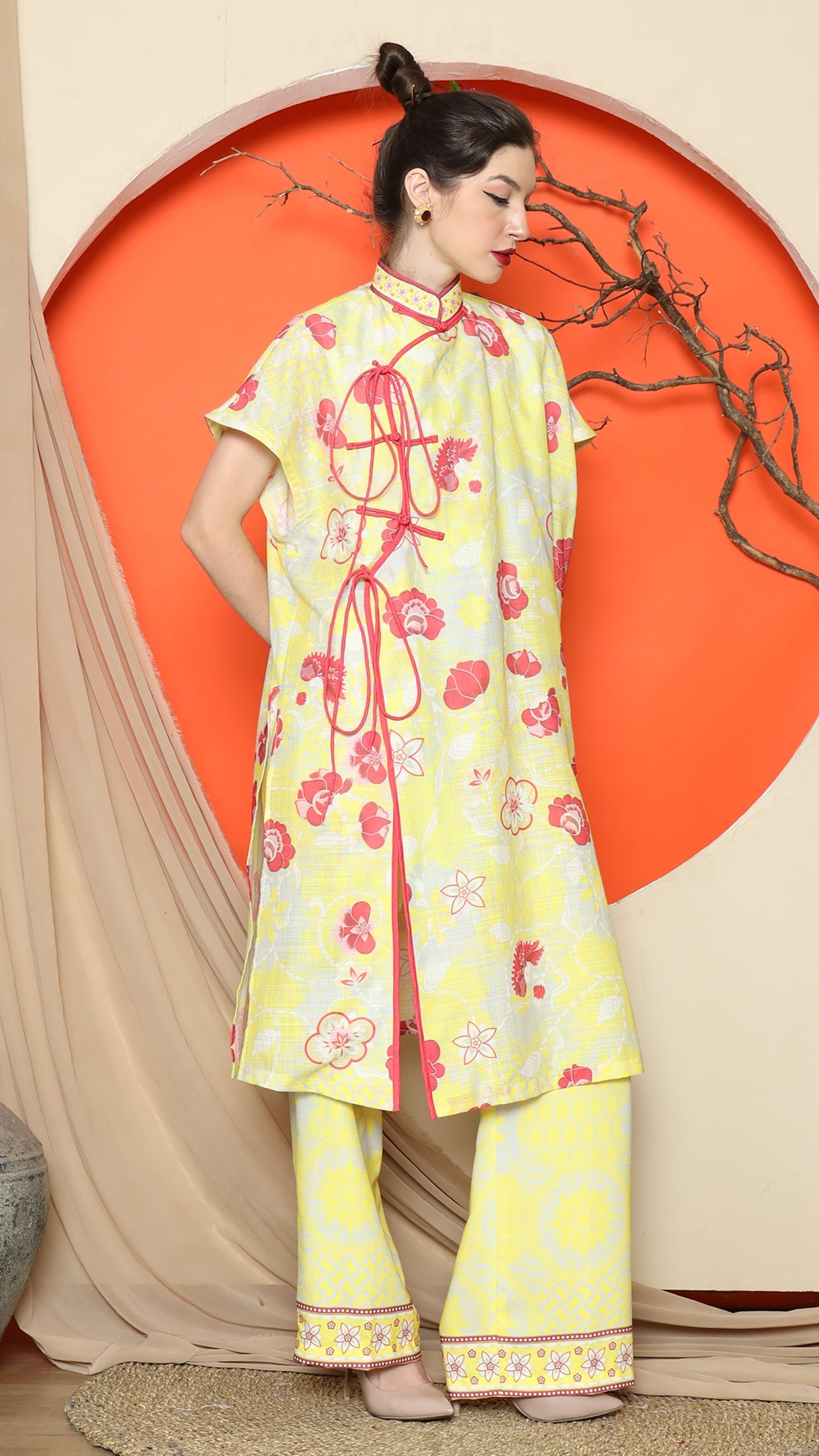 KANZI COLLECTION | Yellow Oriental Floral Cheongsam Pant Set