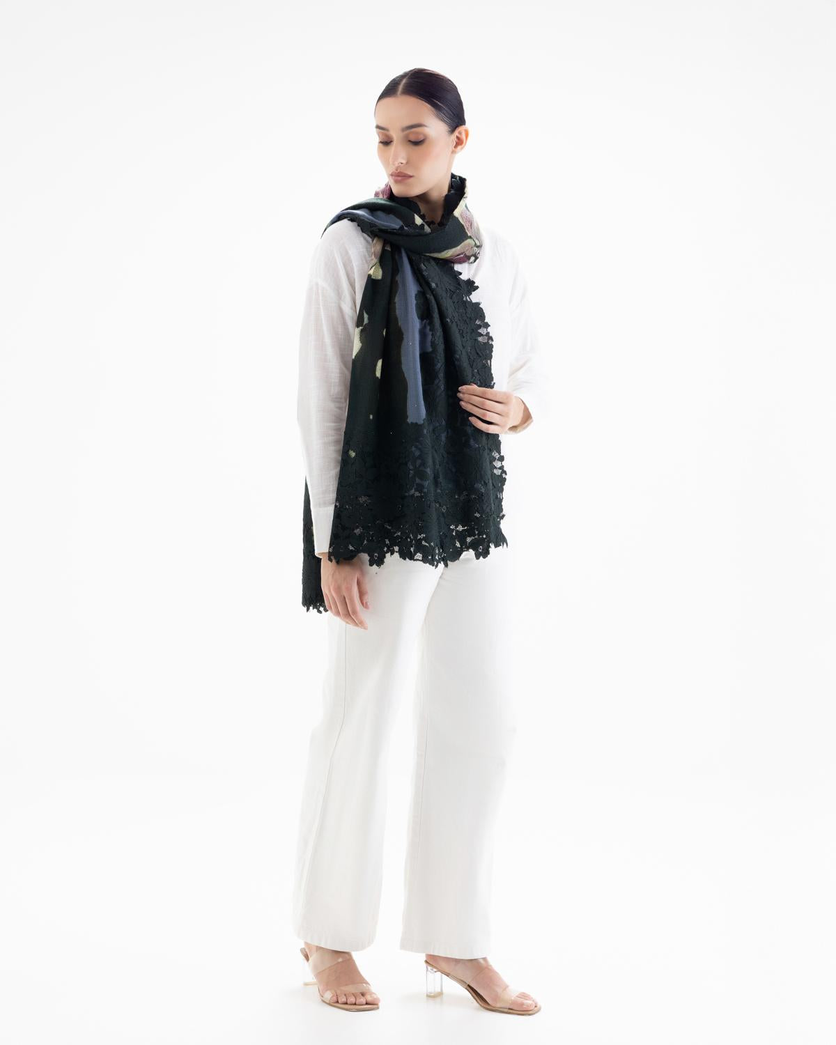 QUEENMARK | AN Assorted Lace Print Crystal Shawl Dark Green Green 2