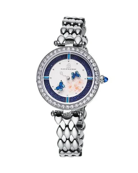 BLACK BY BLUE BRAVE | Butterfly Lovers 34mm Blue Dial Moving Butterfly Hands Silver Bracelet Watch