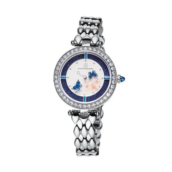 BLACK BY BLUE BRAVE | Butterfly Lovers 34mm Blue Dial Moving Butterfly Hands Silver Bracelet Watch