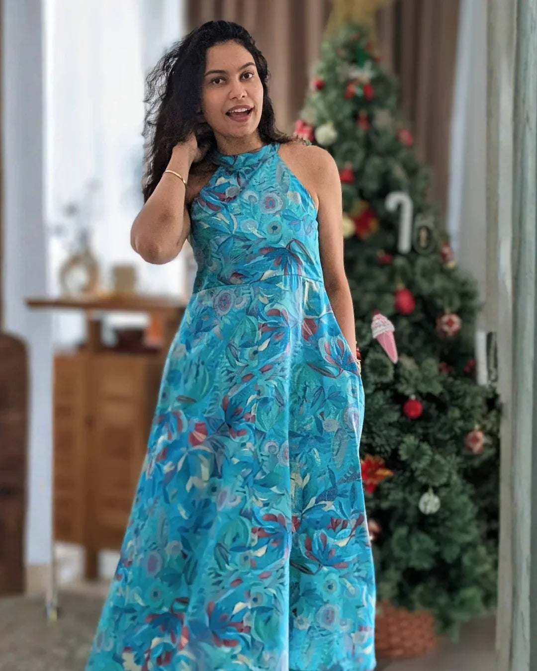 NIMBU | Eden Lagoon Women's Long Halter Dress in Turquoise in Muslin Cotton