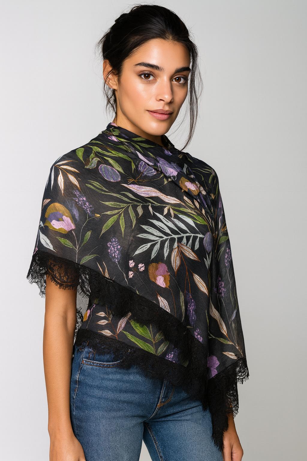 QUEENMARK | AN Printed Shawl 2024 Assorted Black Leaf