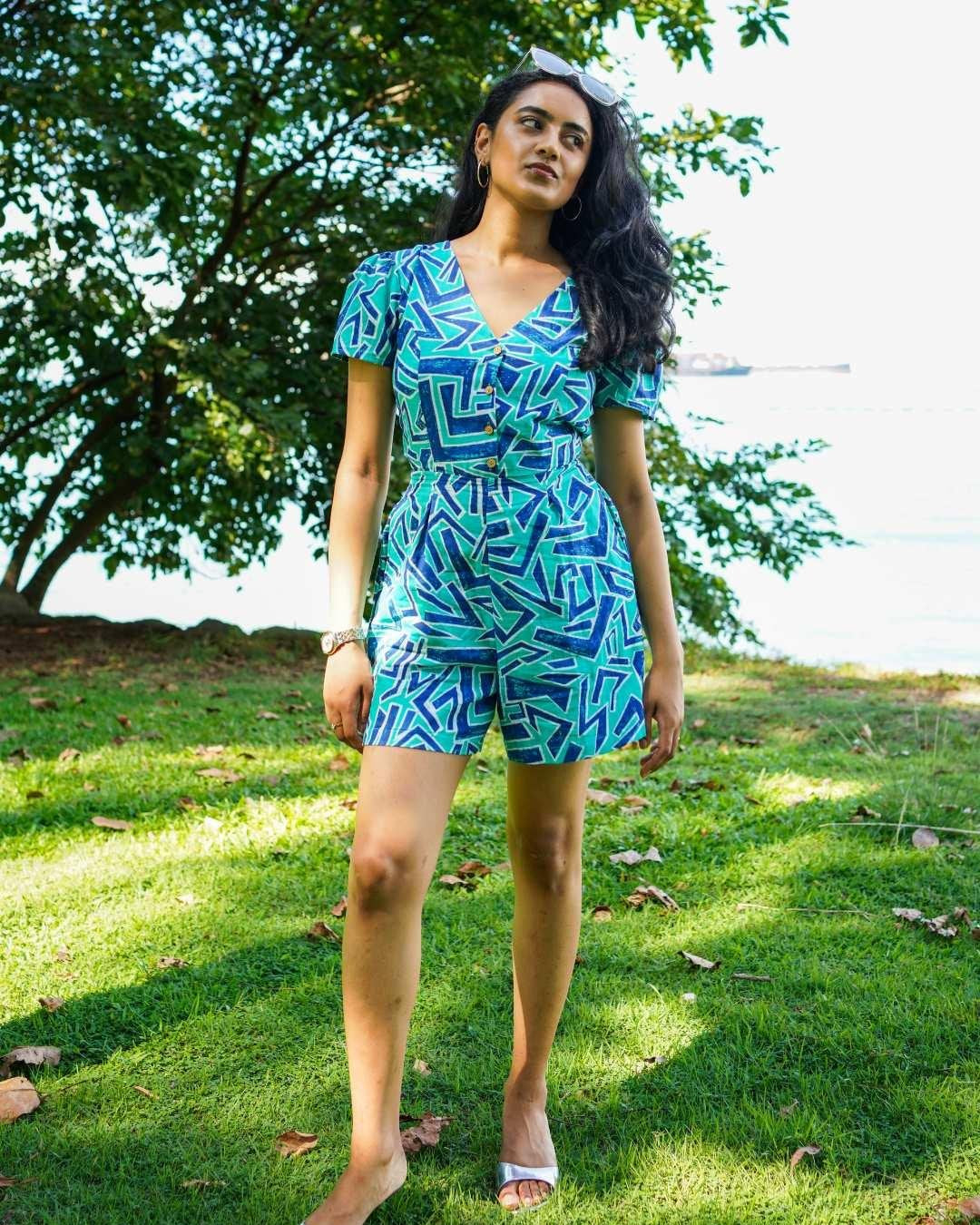 NIMBU | Nixi Women's Playsuit In Geometric Blue
