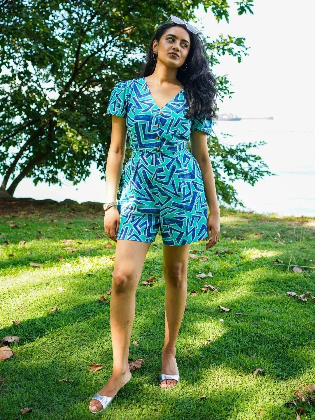 NIMBU | Nixi Women's Playsuit In Geometric Blue