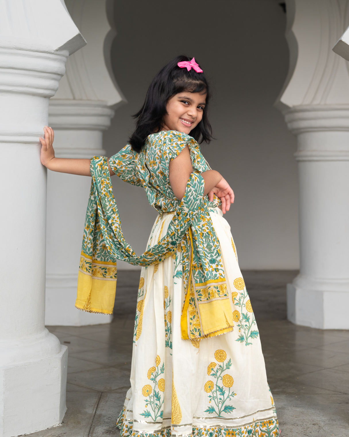 NIMBU | Mira Green Girls Lehenga Choli Skirt Top in Cotton