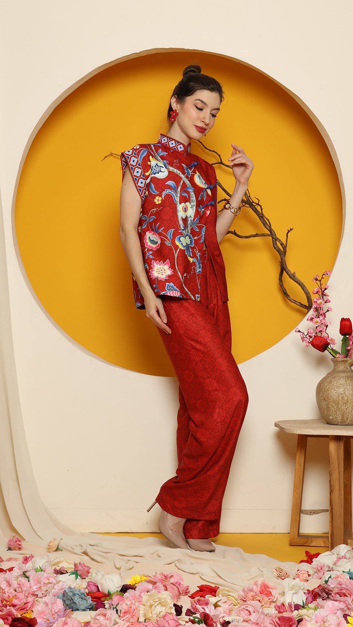 KANZI COLLECTION | Red Cheongsam Flower Vest With Pant Set
