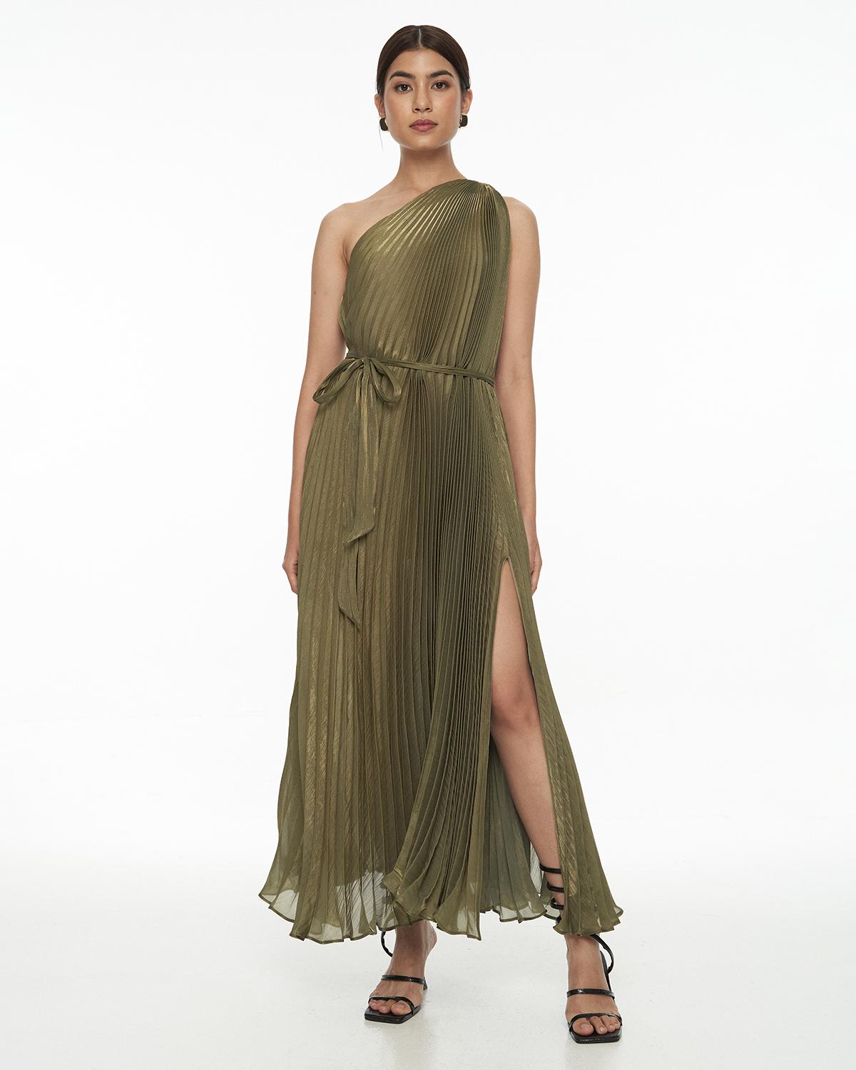DRESSINGPAULA | Pleated One Shoulder Maxi Dress
