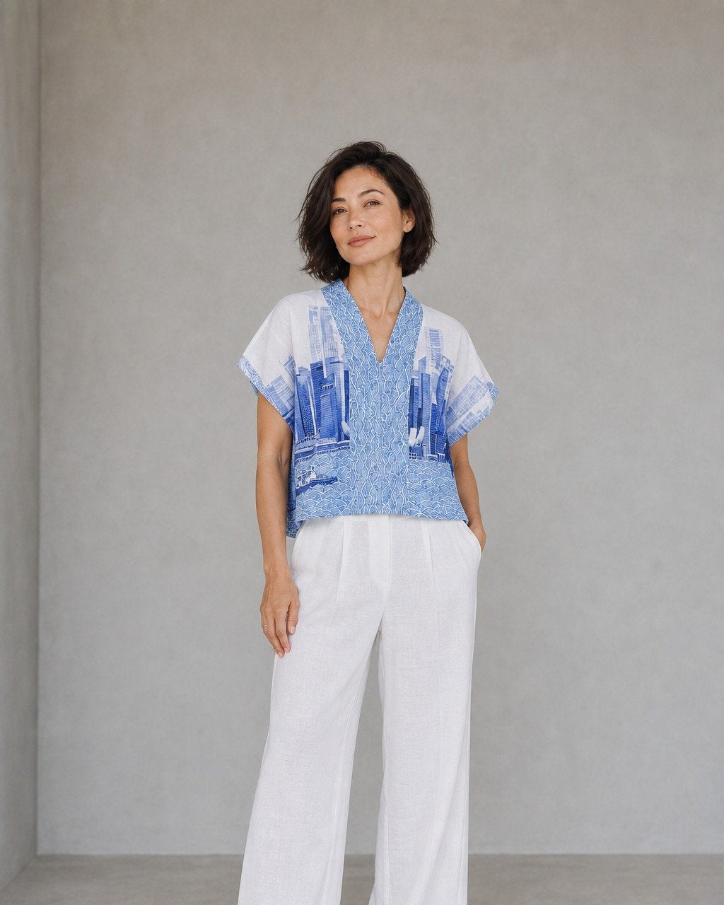 ANS.EIN | SINGAPORE SKYLINE Blue Kimono Top