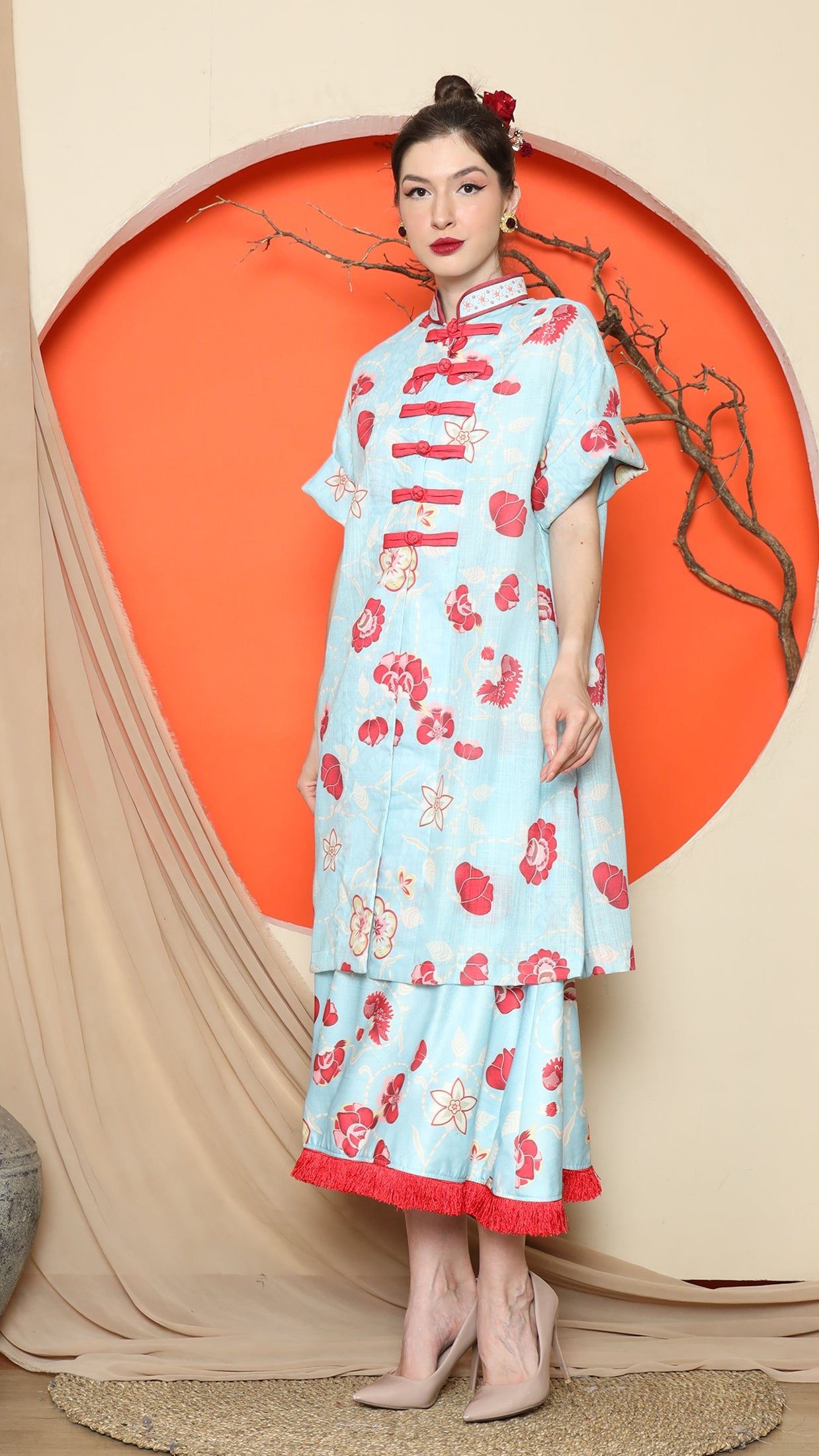 KANZI COLLECTION | Blue Floral Cheongsam Skirt Set