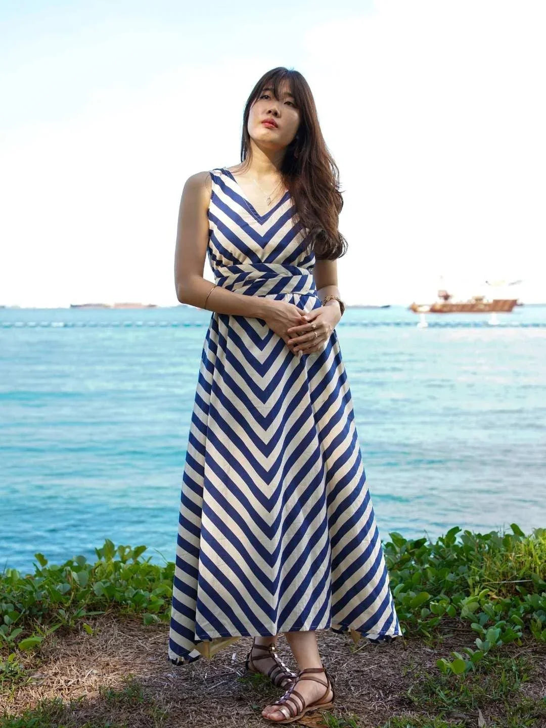 NIMBU | Vela Women's Wave Dress In Blue With Obi Belt