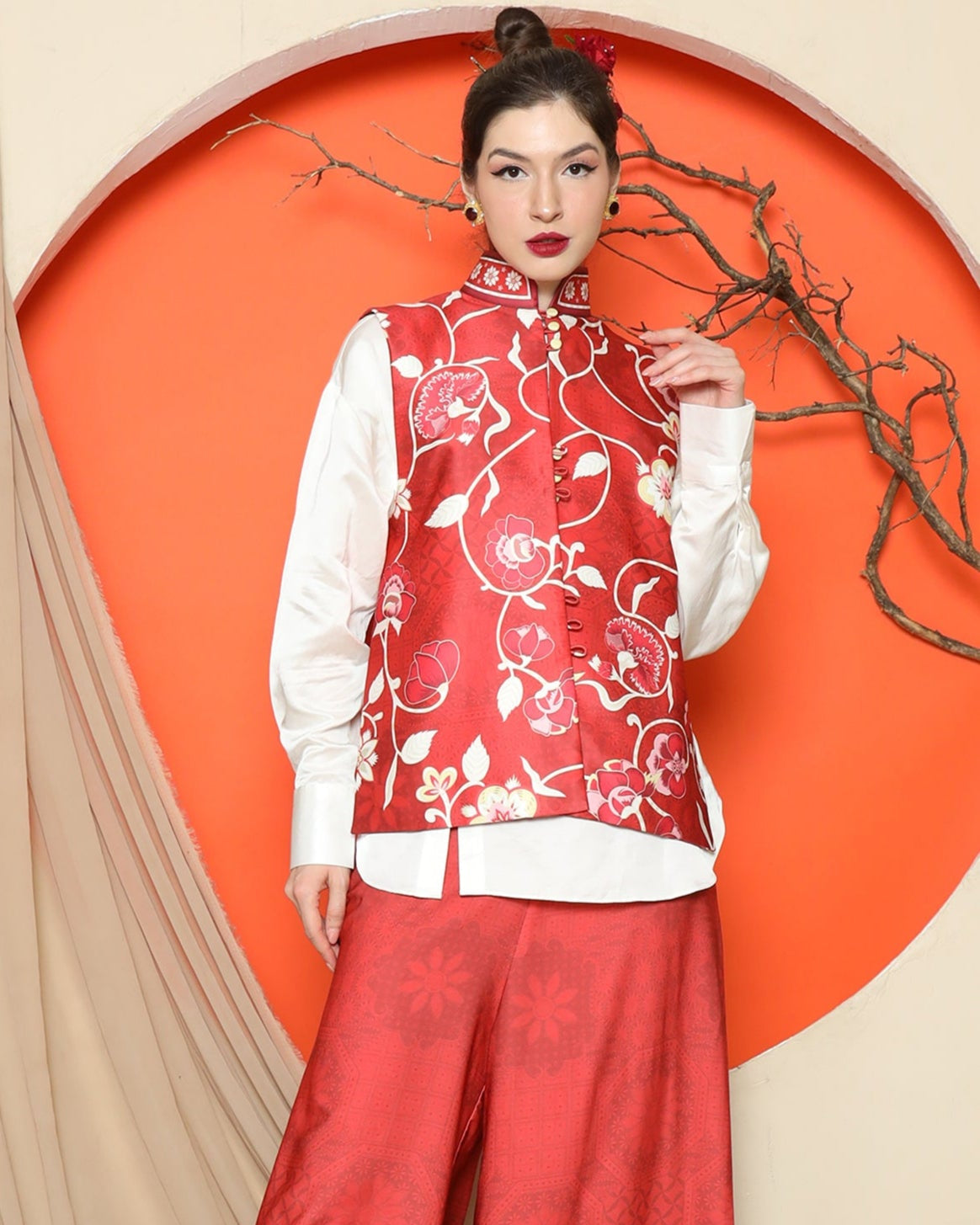 KANZI COLLECTION | Red Floral Side Button Vest With Pants Set
