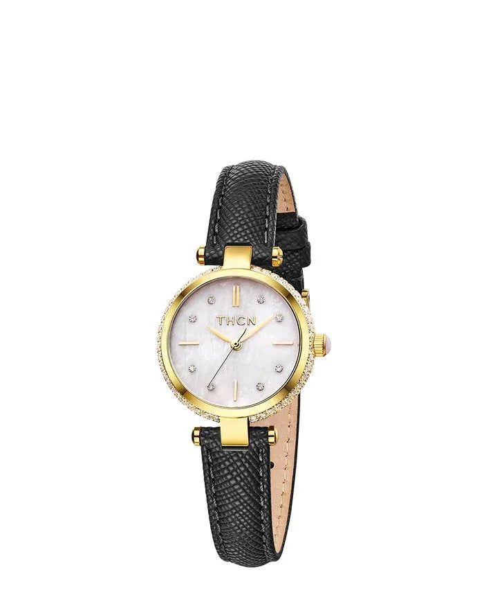 BLACK BY BLUE BRAVE | THCN T· I Mother-of-Pearl Dial Black Leather Strap Watch | Gold