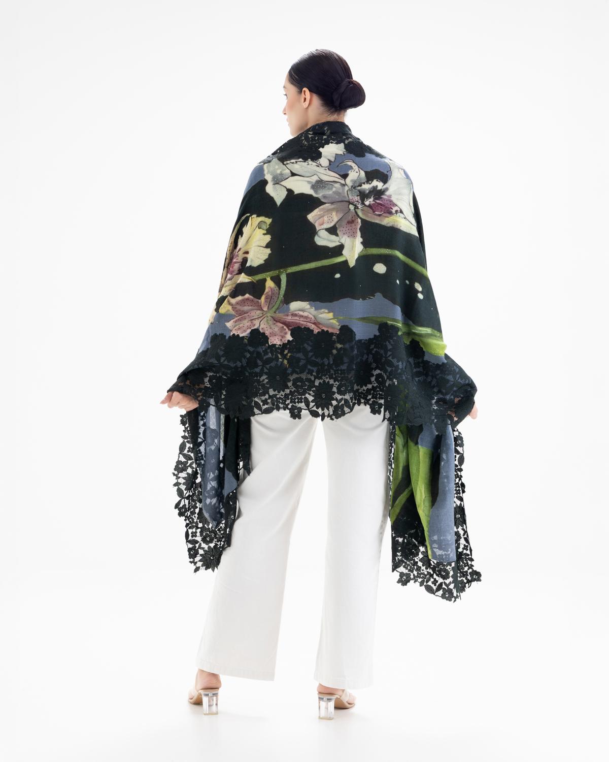 QUEENMARK | AN Assorted Lace Print Crystal Shawl Dark Green Green 2