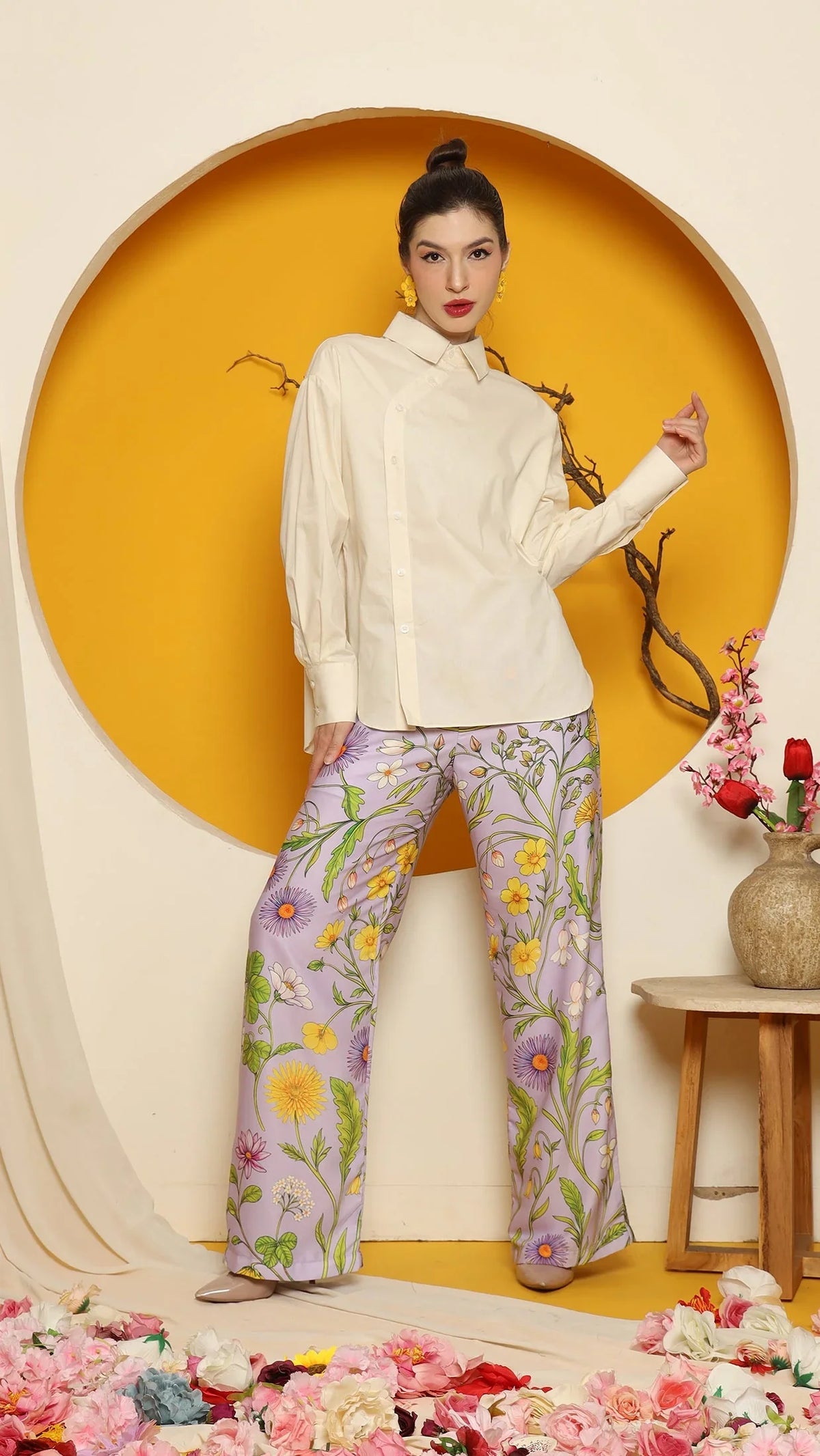 KANZI COLLECTION | Cheongsam Button Shirt With Purple Flower Pants Set