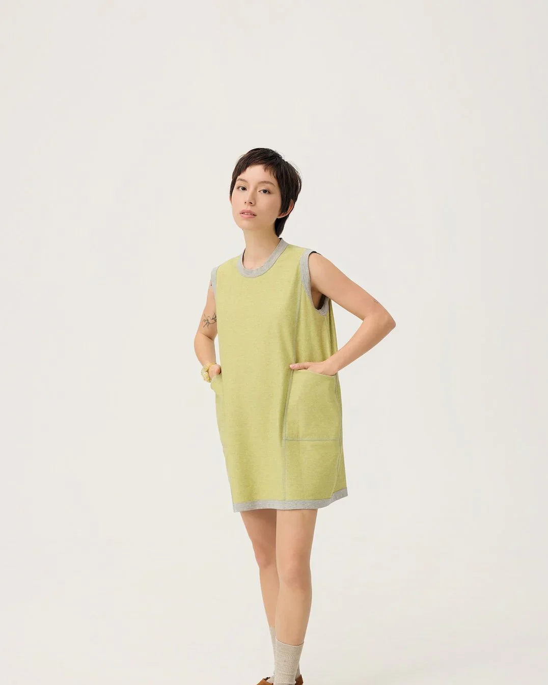 3EIGHTH | Cocoon Jersey Reversible Dress in Zinc Grey & Lemon Fizz
