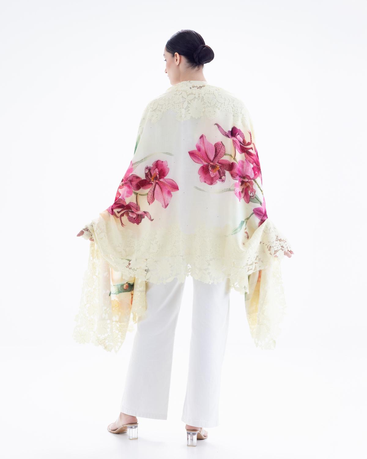 QUEENMARK | AN Assorted Lace Print Crystal Shawl Ivory Pink Flower