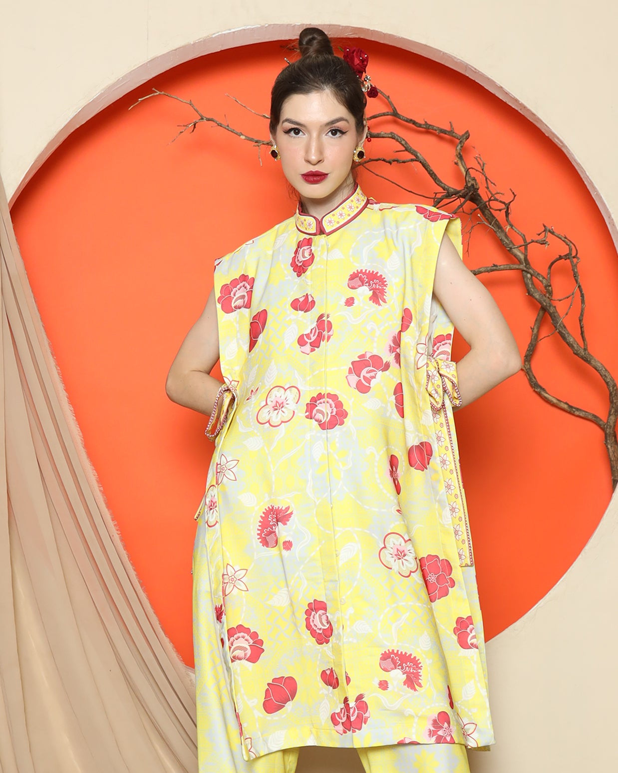 KANZI COLLECTION | Yellow Vest Kimono Jacquard Floral Pant Set