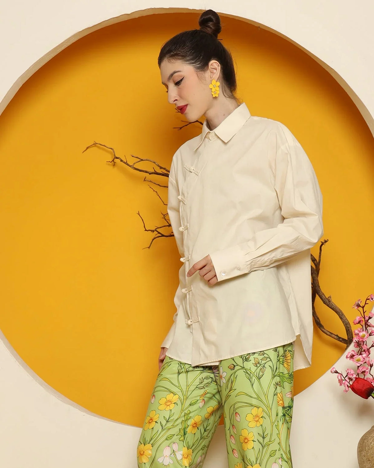 KANZI COLLECTION | Cheongsam Shirt With Green Flower Pants Set