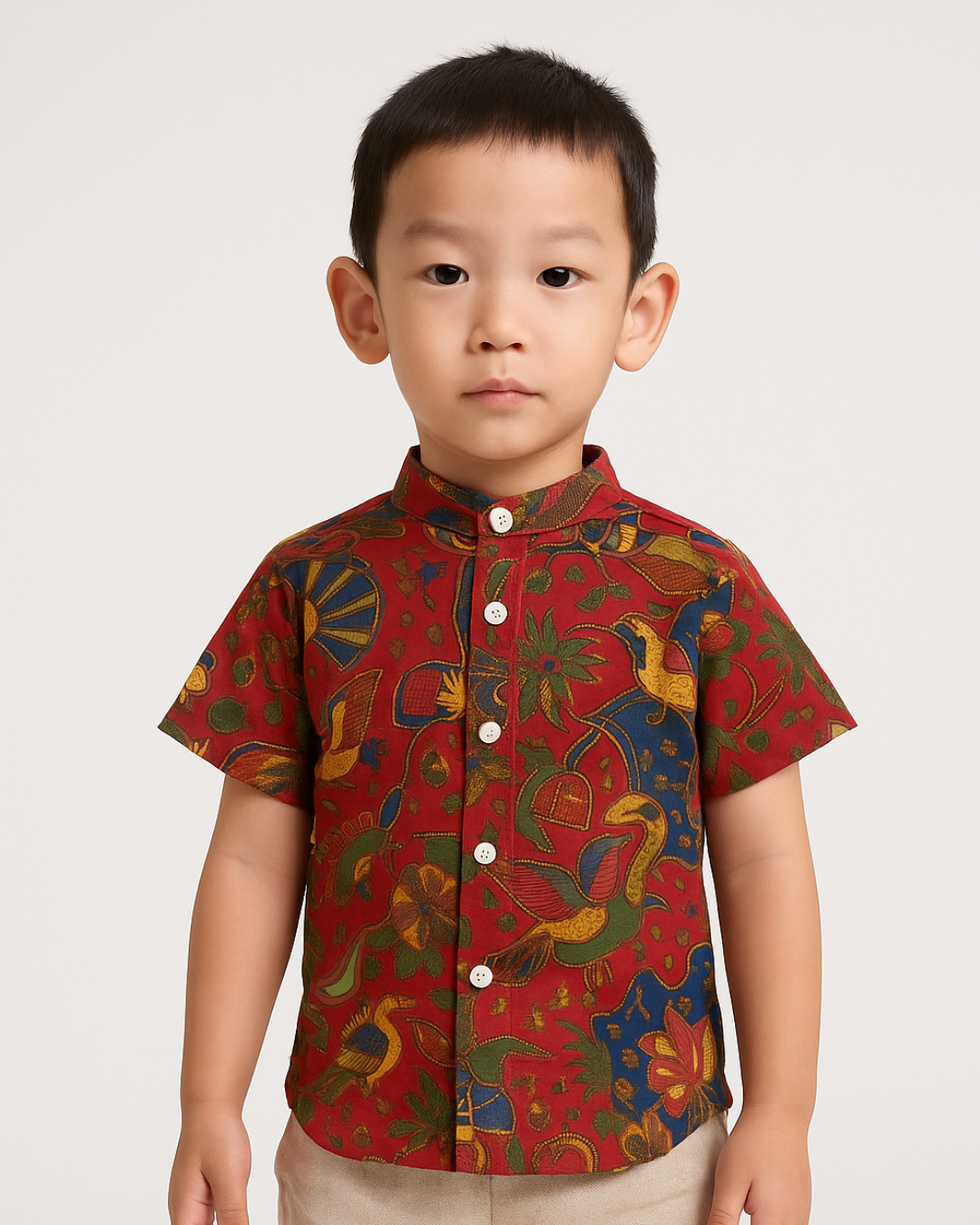 NIMBU | Forest Symphony Red Kids Mandarin Cotton Shirt