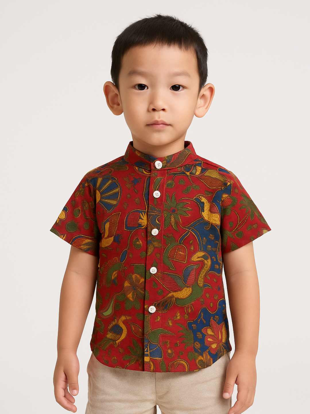 NIMBU | Forest Symphony Red Kids Mandarin Cotton Shirt