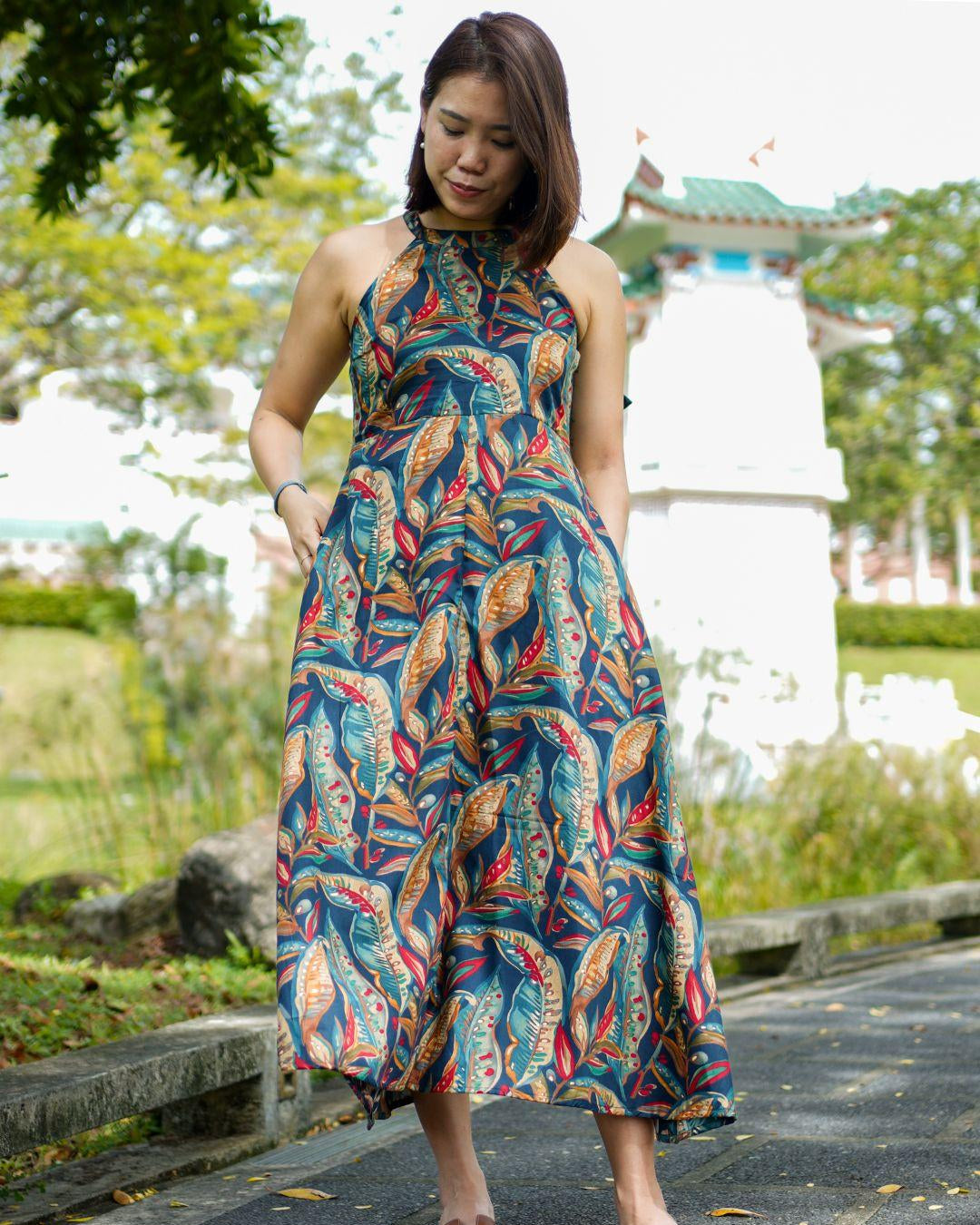 NIMBU | Eden Skyfall Women's Long Halter In Midnight Blue In Muslin Cotton