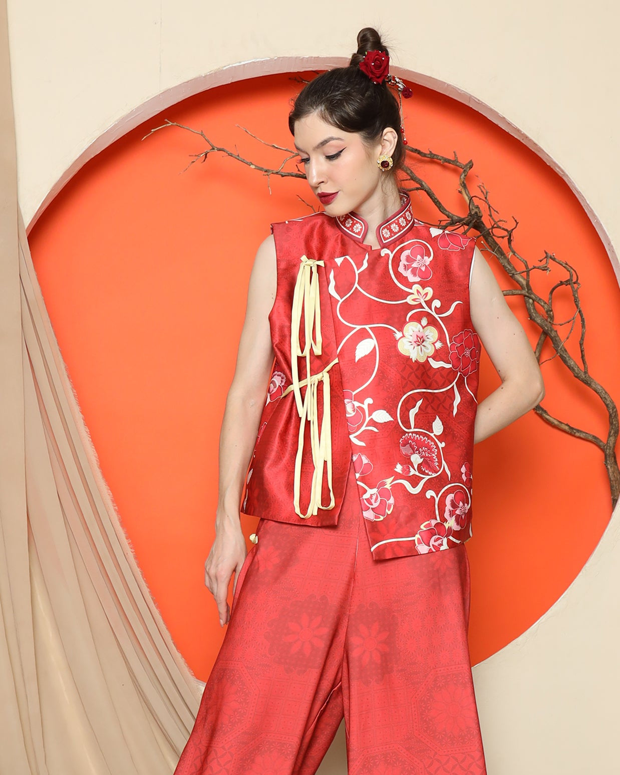 KANZI COLLECTION | Red Cheongsam Floral Vest With Floral Pants Set