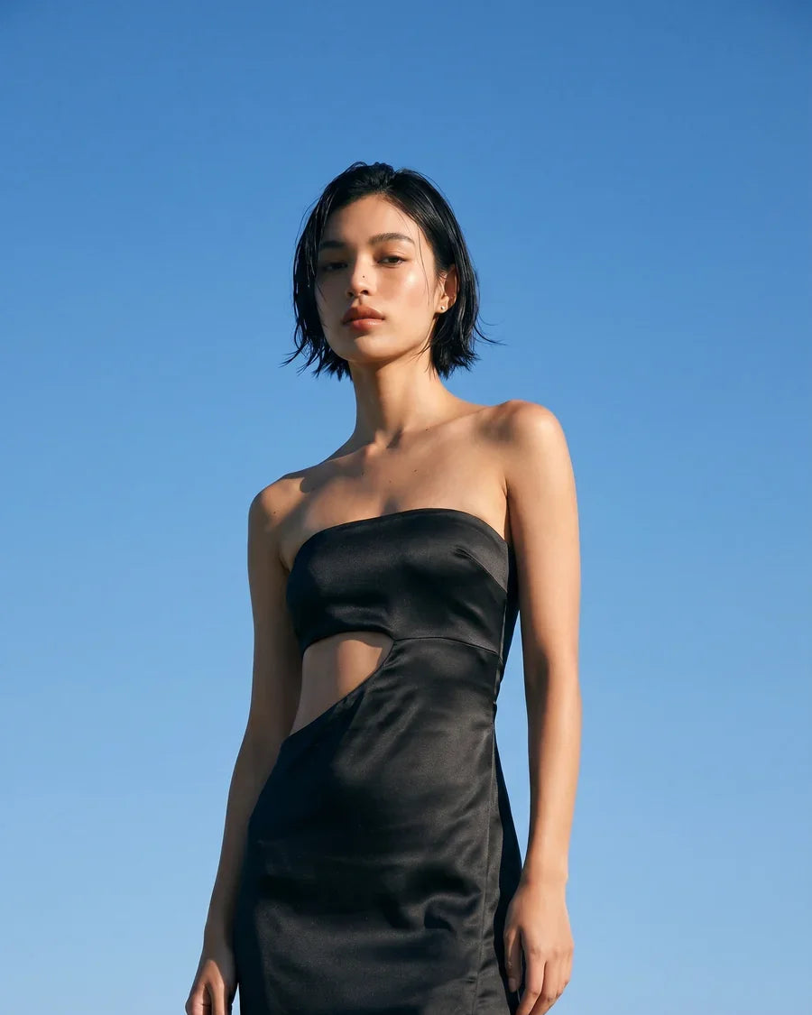 HÁI THE LABEL | Second Skin Satiny | Strapless Cut-Off Maxi Dress | Onyx Black