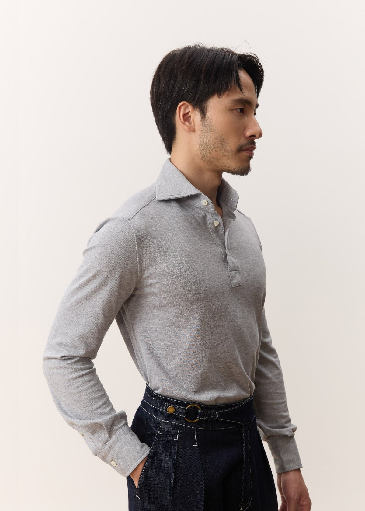HOUSE OF ANON | Theo Spread Collar Long Sleeve Polo, Pique