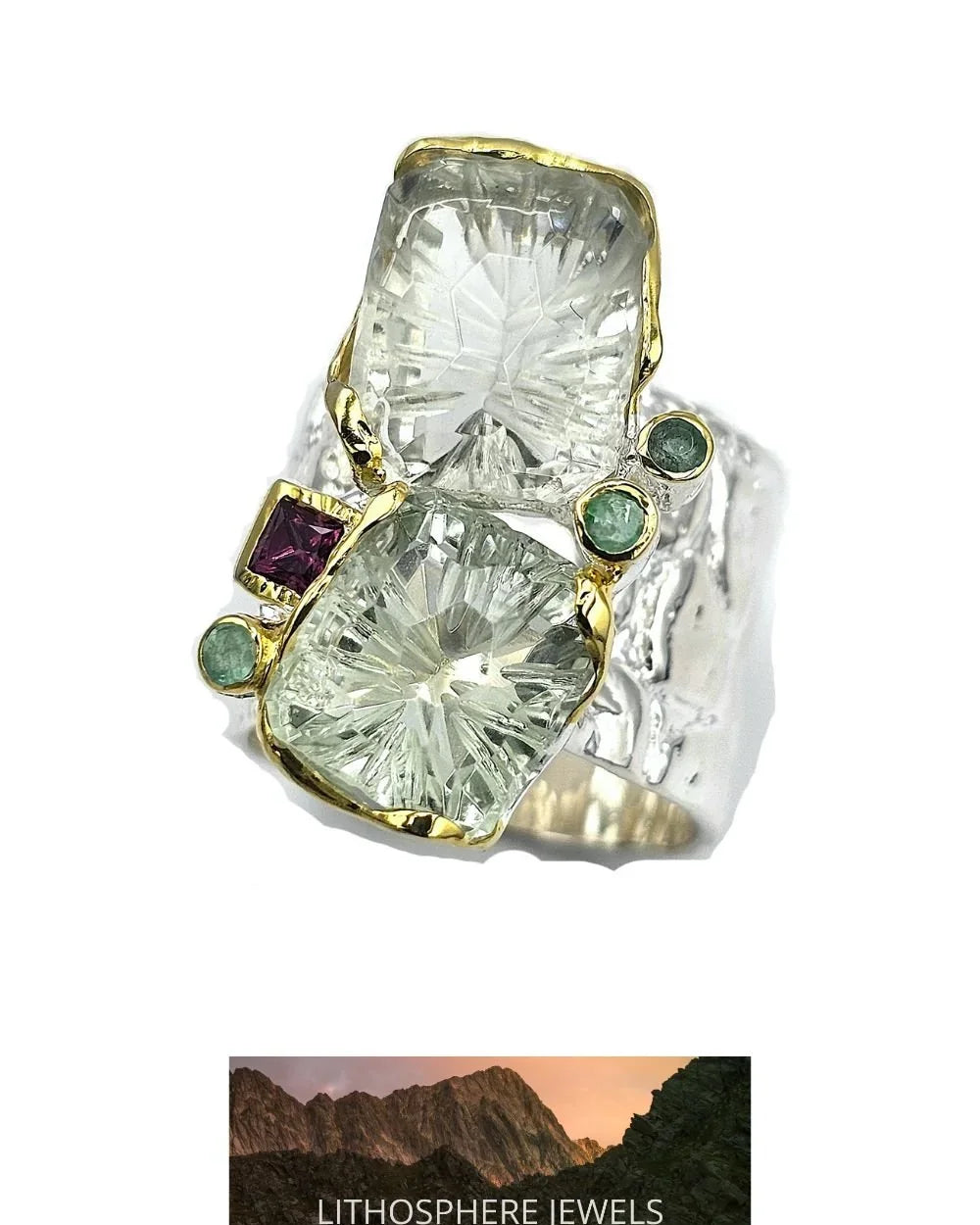 CREATIVE JEWELLERY STUDIO | Pink & Green Tourmaline, Amethyst "Landscape", Rhodium Plated 925 Silver Ring | Lithosphere Jewels
