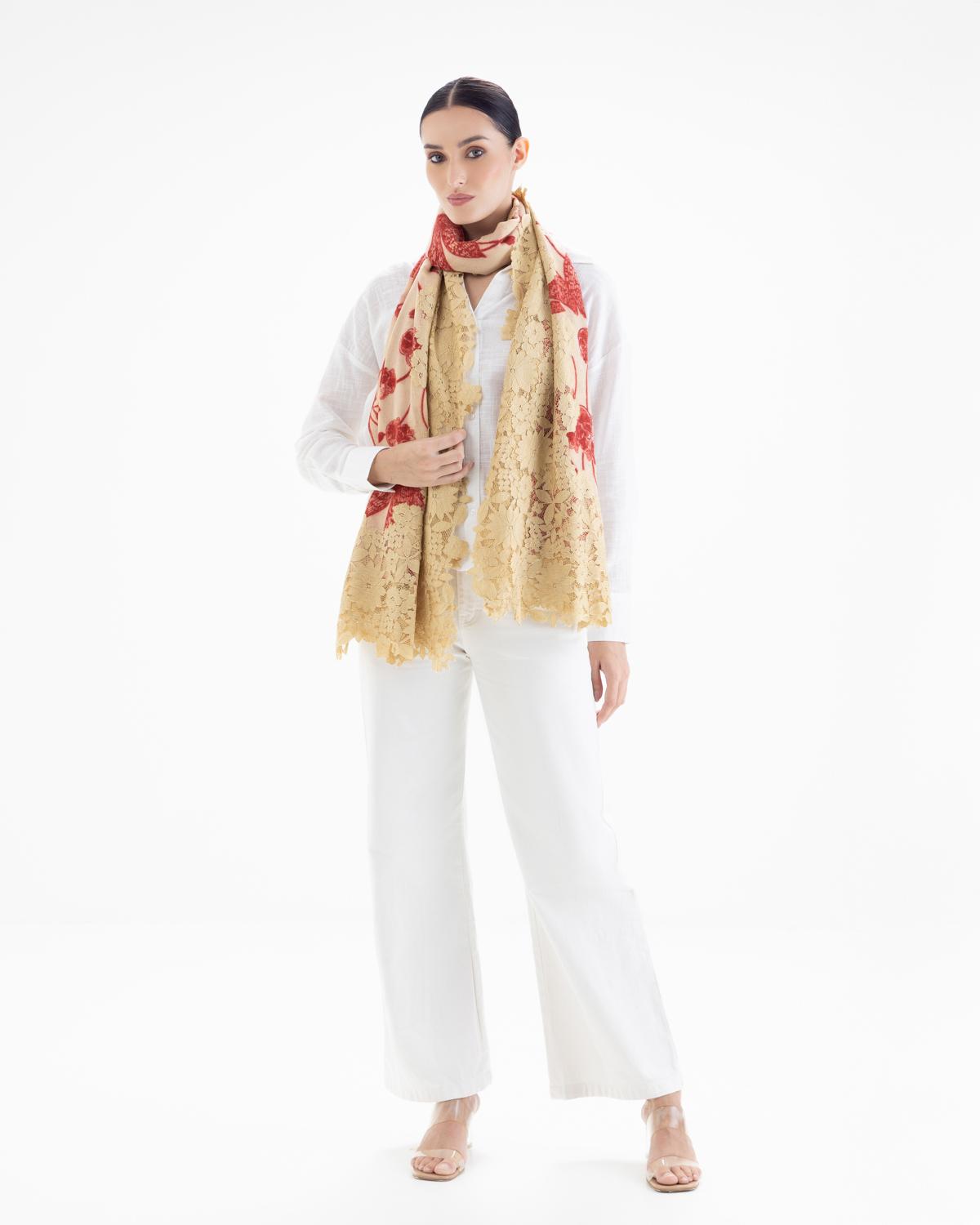 QUEENMARK | AN Assorted Lace Print Crystal Shawl Light Beige Red Flower