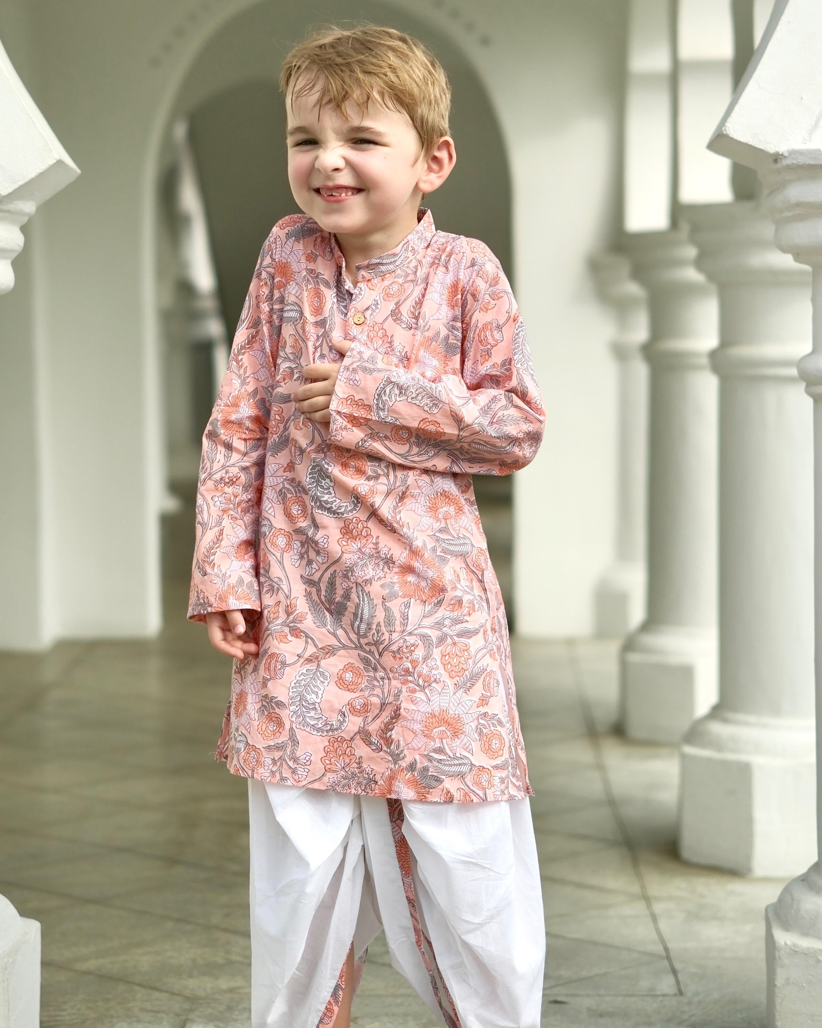 NIMBU | Devi Coral Boys Handblock Kurta Dhoti