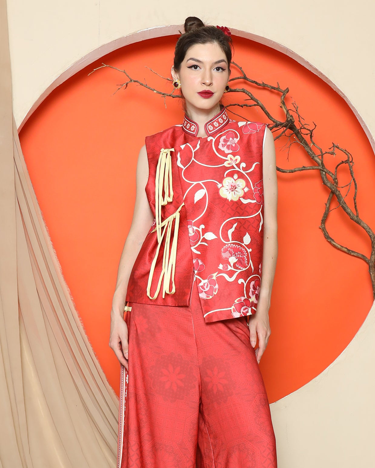 KANZI COLLECTION | Red Cheongsam Floral Vest With Floral Pants Set