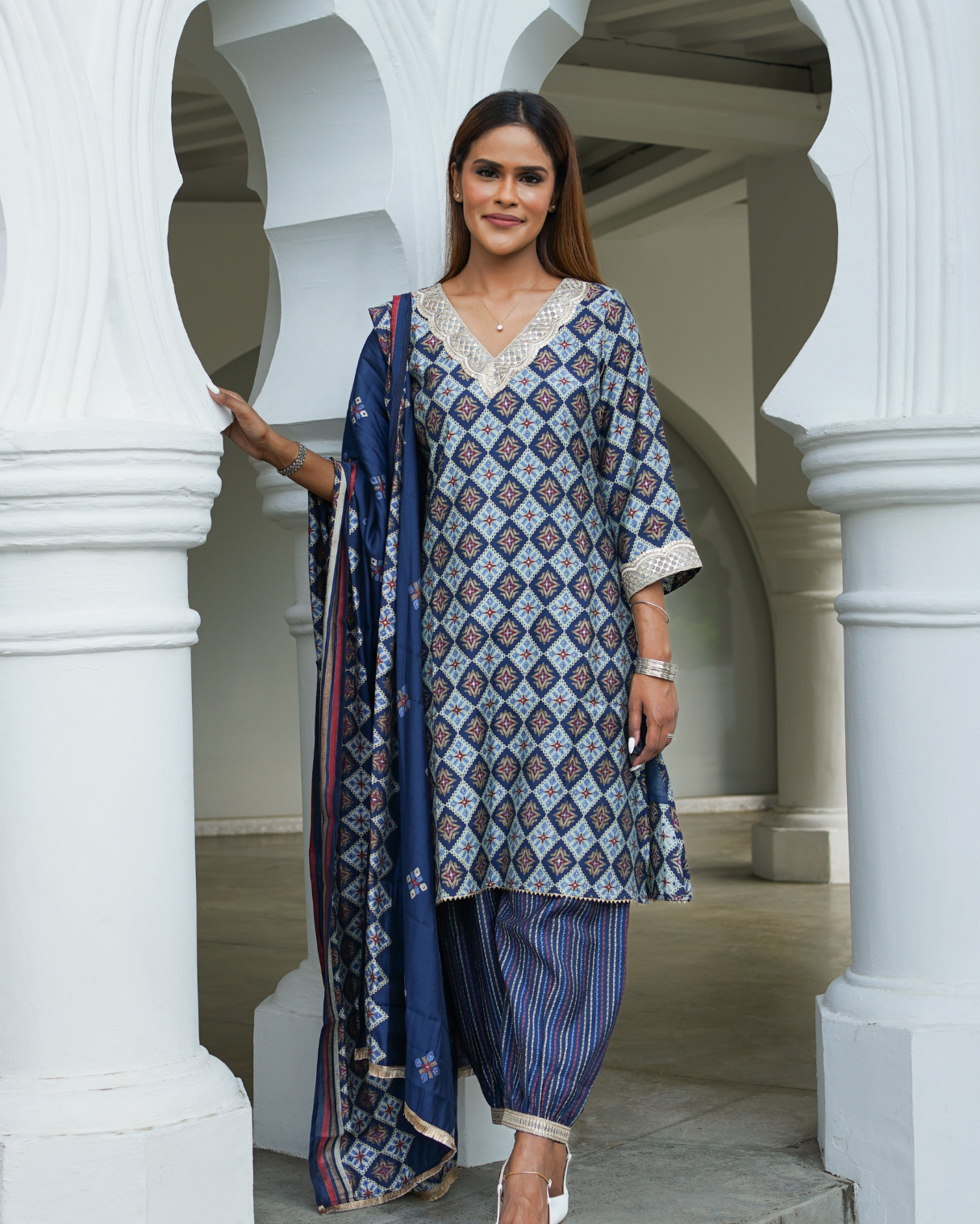 NIMBU | Tara Blue Women's Choga Style Kurti & Salwar Set in Muslin Cotton