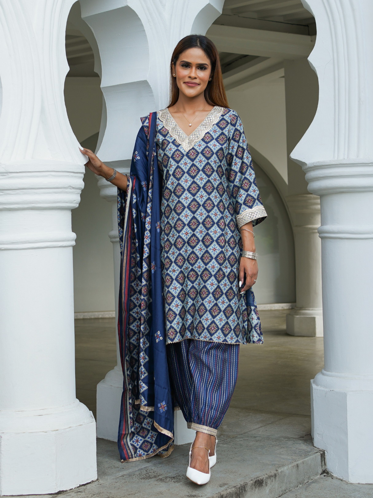 NIMBU | Tara Blue Women's Choga Style Kurti & Salwar Set in Muslin Cotton