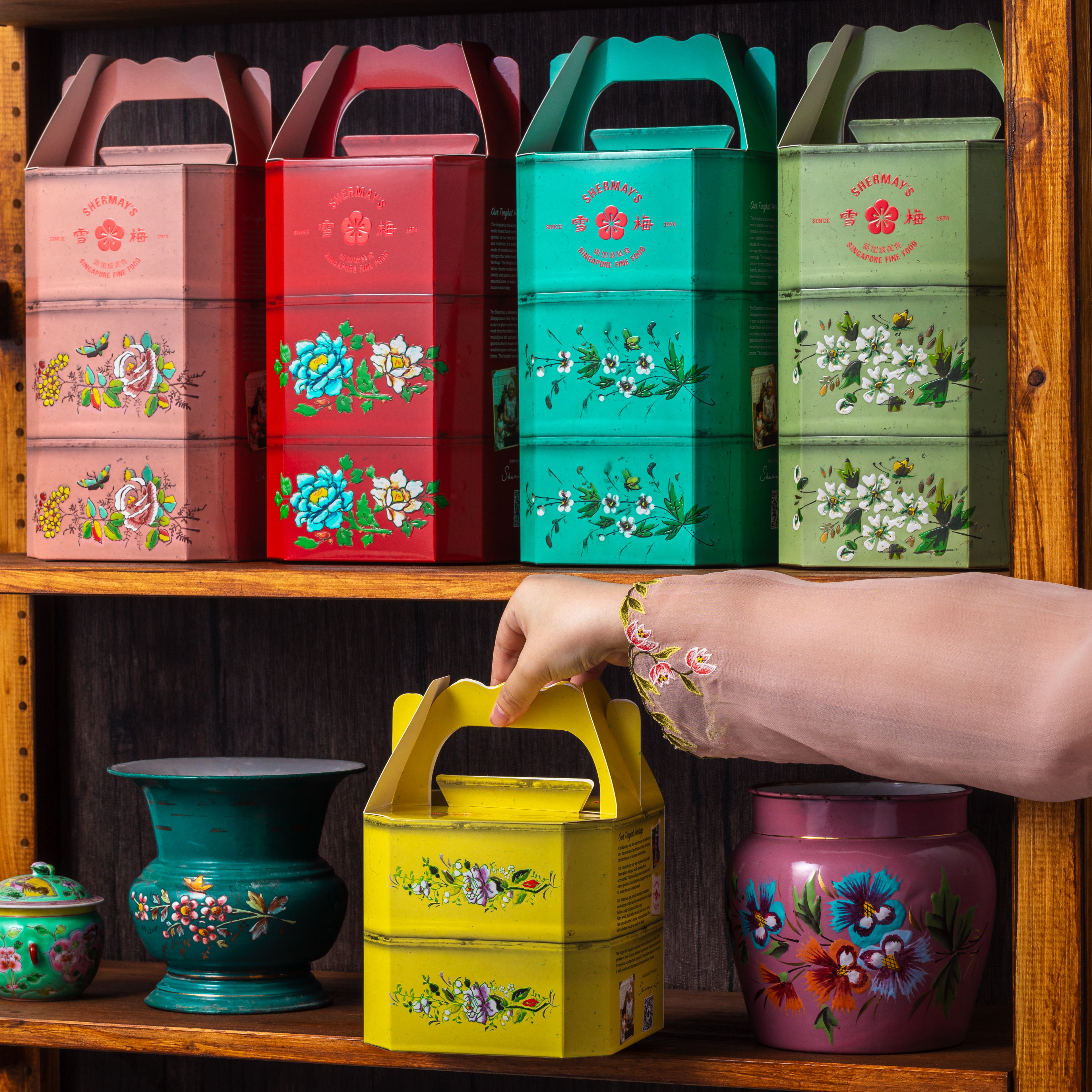 SHERMAY'S SINGAPORE FINE FOOD | Lacquer Red Tingkat Gift Set - Keropok and Sauces